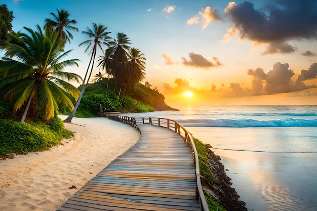 A boardwalk leads to a beach at sunset.