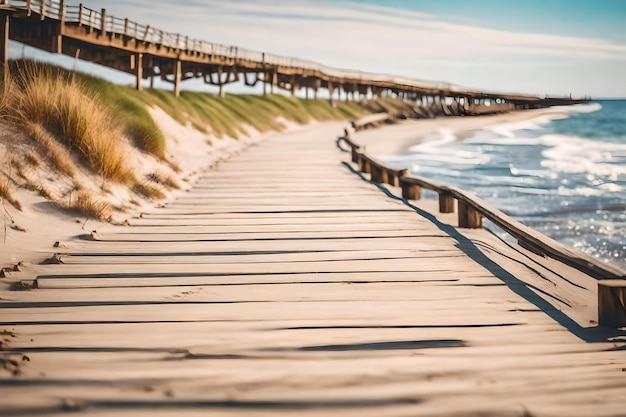 Foto una passeggiata porta a una spiaggia con una passeggiata sullo sfondo.