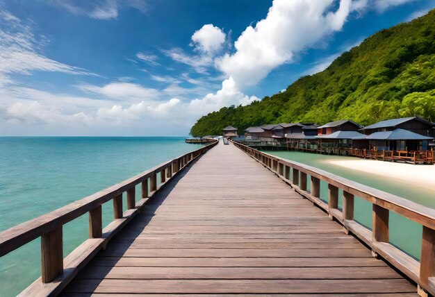 Photo a boardwalk leads to a beach with houses on the side