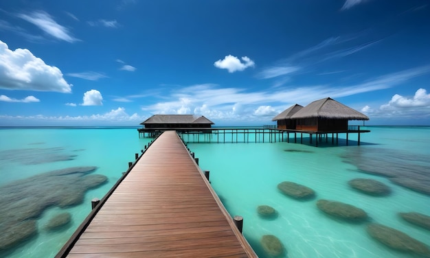 a boardwalk leads to a beach with houses on the water