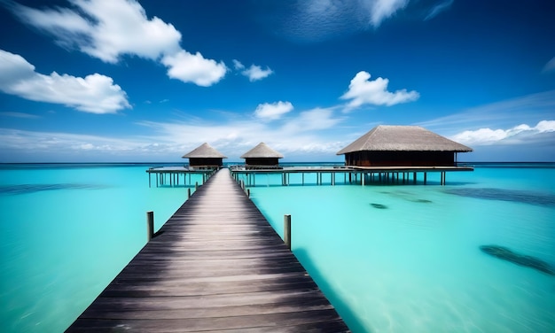 Photo a boardwalk leads to a beach with palm trees and the ocean in the background