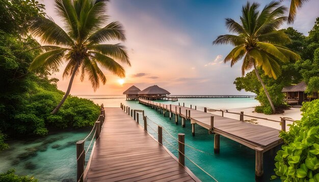 a boardwalk leads to a beach with palm trees and a sunset in the background