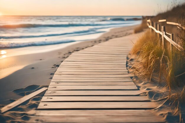 Foto una passerella conduce alla spiaggia con una passerella in legno che conduce all'oceano.