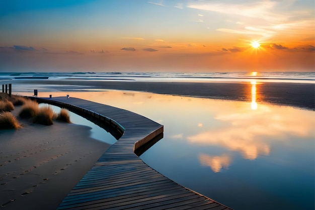 A boardwalk leads to the ocean at sunset.