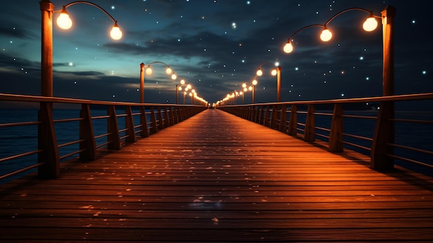 Photo a boardwalk leads to a pier with lights on it