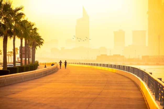 Boardwalk in the morning of Dubai marina at sunrise