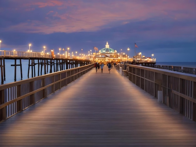 Boardwalk to Pier Guided by the Evening Lights