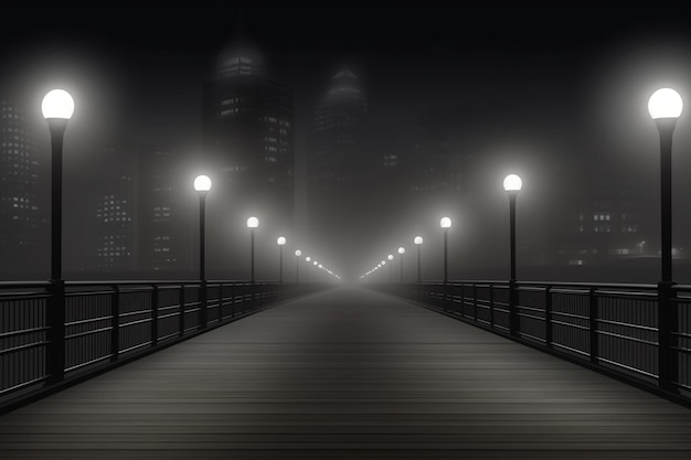 A boardwalk with lights on and a city in the background.