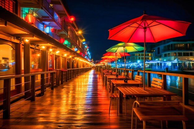 A boardwalk with restaurants and umbrellas at night