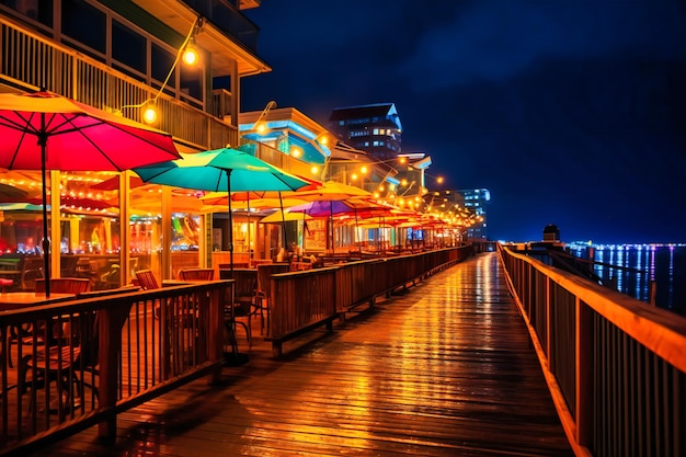 A boardwalk with restaurants and umbrellas at night