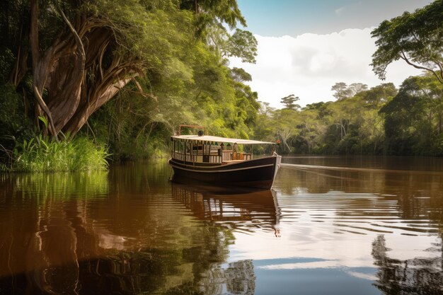 Boat on the amazonas river with tree canopy in the background