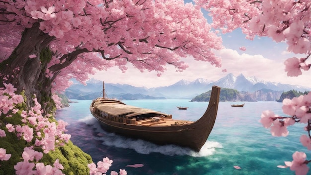 A Boat Amidst Dreamy Cherry Blossoms