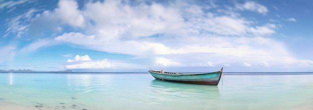 a boat anchored in the ocean near clear blue sea in the style of panoramic scale