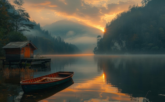 写真 夕暮れの湖のボートと小屋