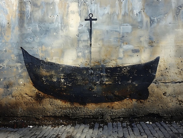Лодка в виде силуэта веревка тень бросается на стену скрученная и текст творческая фотография элегантного фона