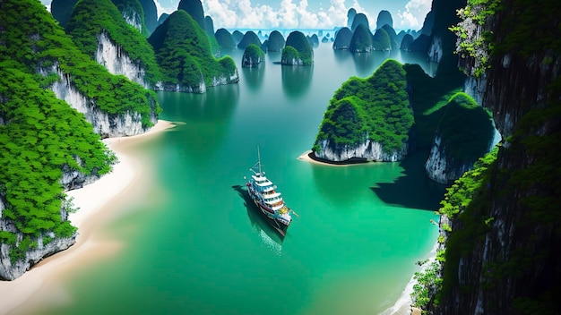 A boat in a bay with a beach and mountains in the background.