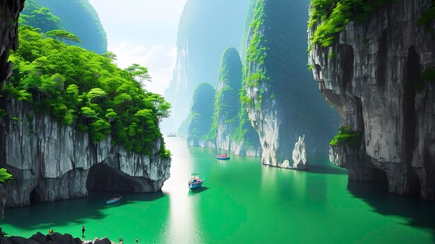 A boat in a bay with mountains in the background