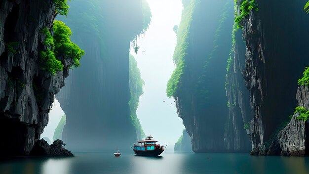 A boat in a bay with mountains in the background