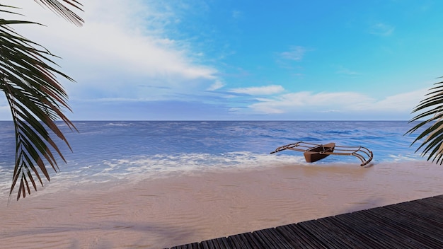 A boat on the beach in front of a blue sky