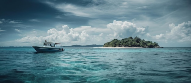 Лодка на пляже Природный ландшафт для летнего отдыха Изображение, созданное AI