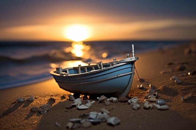 boat on a beach at sunset in the style of miniature illumination photorealistic landscapes