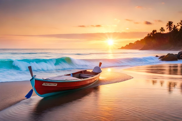 A boat on a beach at sunset with the sun setting behind it.