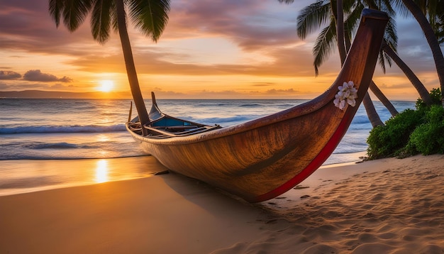 a boat on the beach at sunset