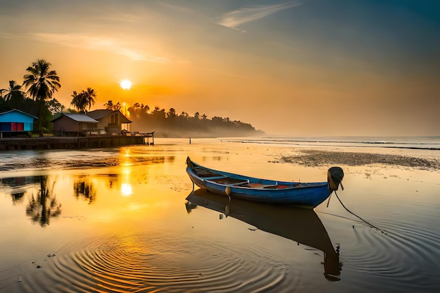 A boat on the beach at sunset