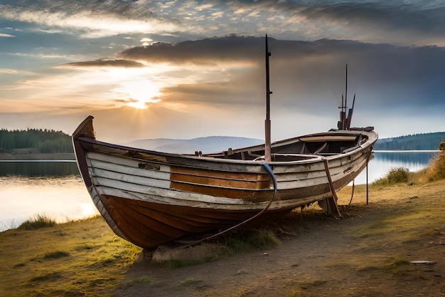 A boat on the beach in the sunset