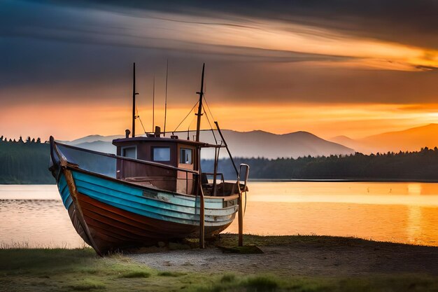 a boat on the beach at sunset