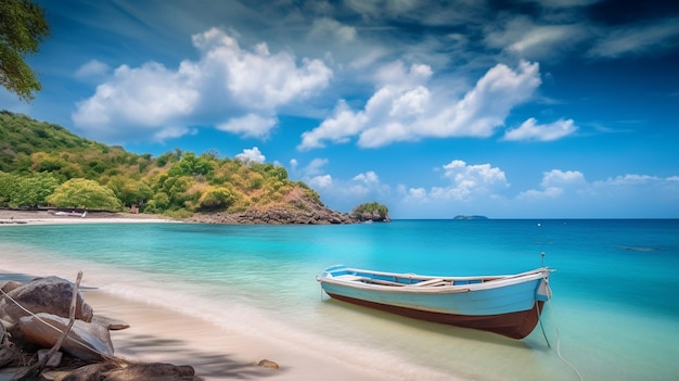 A boat on a beach with a blue sky and clouds