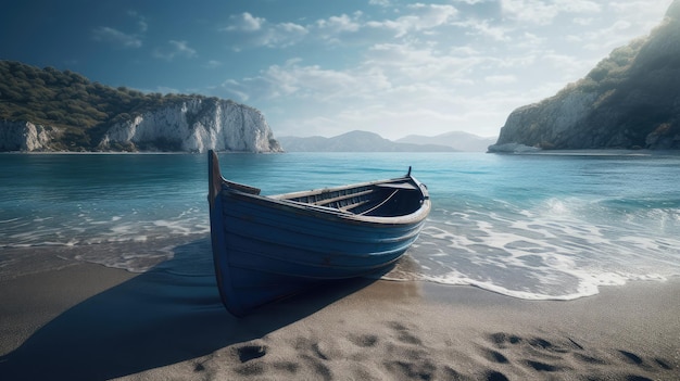 A boat on the beach with a blue sky and a white cliff in the background.