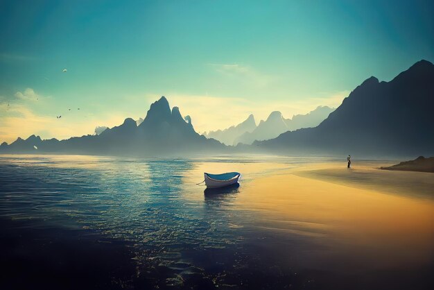 A boat on the beach with mountains in the background