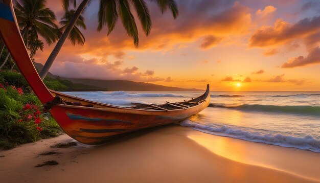 a boat on the beach with a palm tree in the background