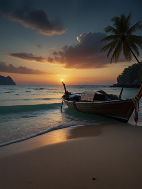 a boat on the beach with a palm tree in the background