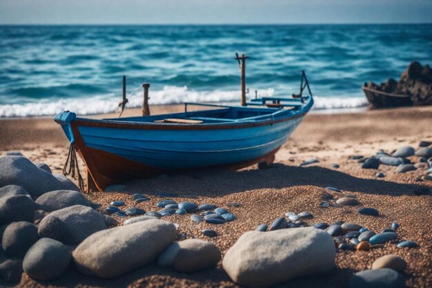 a boat on the beach with rocks and a boat in the sand