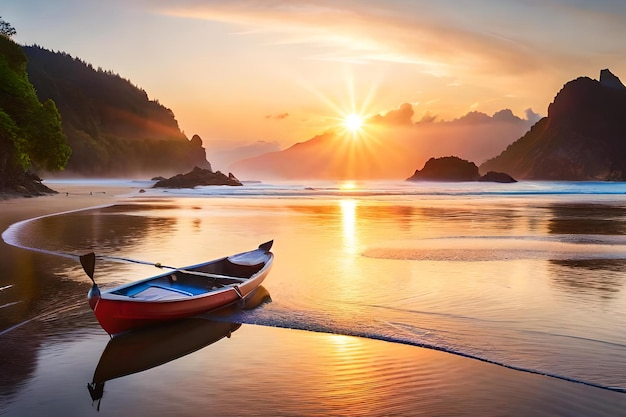 A boat on a beach with the sun setting behind it