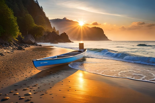 A boat on a beach with the sun setting behind it