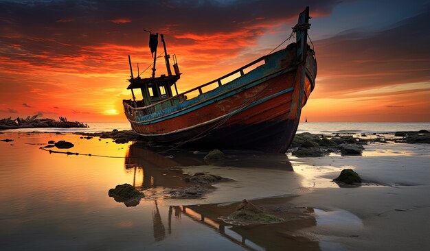 a boat on the beach with a sunset in the background