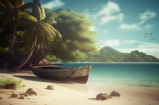 A boat on a beach with a tropical island in the background.