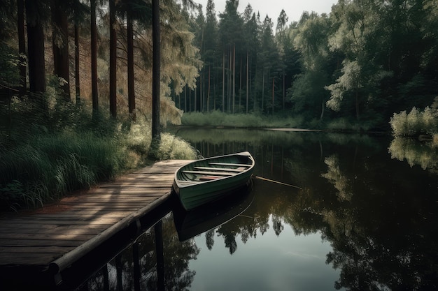 A boat by a lake in a forest AI generated