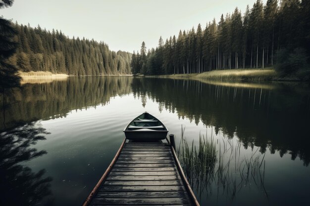 A boat by a lake in a forest AI generated