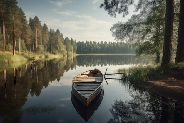 A boat by a lake in a forest AI generated