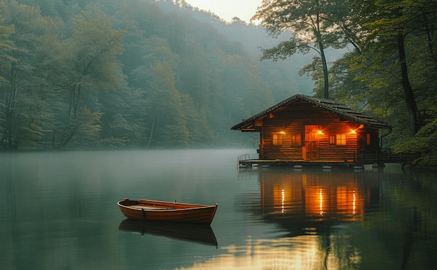 아침 에 호수 에 있는 배 와 오두막