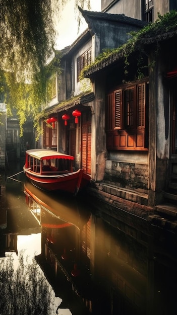 A boat in a canal with red lanterns hanging from the ceiling.