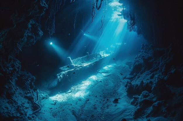 水の中を太陽の光が流れている洞窟のボート