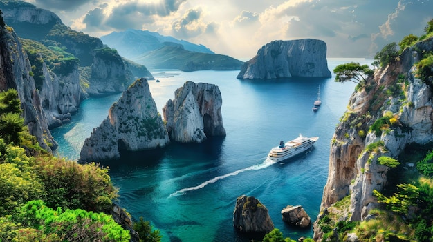 A boat cruises through a bay surrounded by towering mountains in the tropics