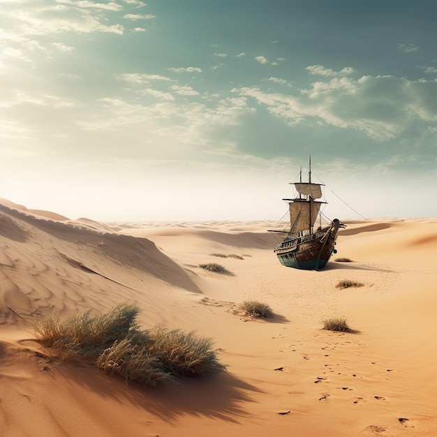 лодка в пустыне с песчаными дюнами на заднем плане.
