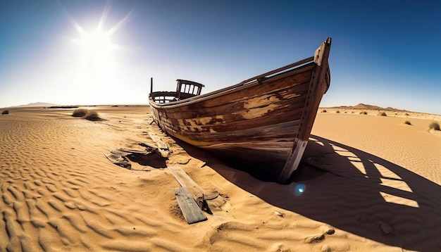 A boat in the desert with the sun shining on it.