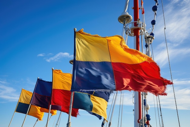 Foto una barca che espone una raccolta di varie bandiere che rappresentano diversi paesi o segnali marittimi bandiere semaforo dai colori vivaci su una nave della marina generato dall'intelligenza artificiale